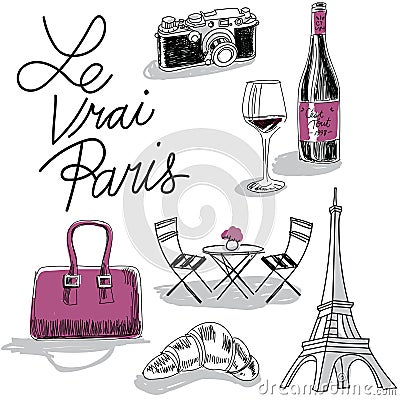 Vector illustration of iconic paris objects and activities Vector Illustration