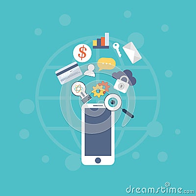 Vector illustration of icons set of mobile technology and internet capabilities. Cartoon Illustration