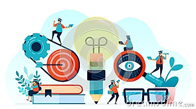 Vector illustration of idea and inspiration in student learning, pencil with lightbulb idea, learn to reach target, looking for Vector Illustration