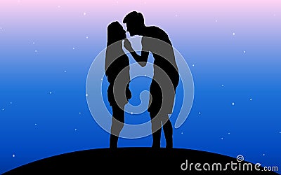 Vector illustration image of a black silhouette of a guy in breeches topless to the waist, holding a girl standing in front of him Vector Illustration