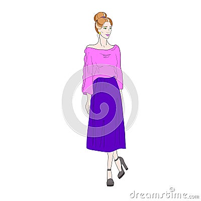 Vector illustration. Image of a standing girl in a purple skirt and pink blouse. Cartoon Illustration