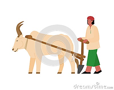 Vector illustration with indian farmer plowing field and harnessed buffalo Vector Illustration
