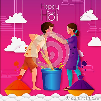 Indian people playing India Festival of Color Happy Holi background Vector Illustration