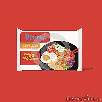 Vector illustration : Indonesian instant noodle pack, Stir Fried Noodle Flavor Cartoon Illustration