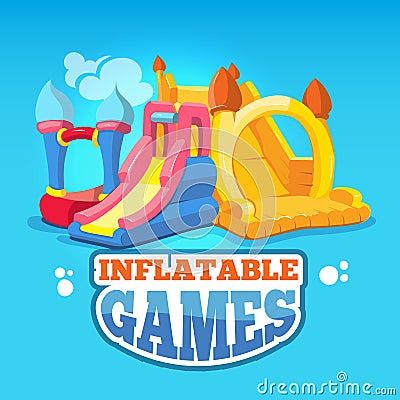 Vector illustration of inflatable castles and children hills on playground Vector Illustration