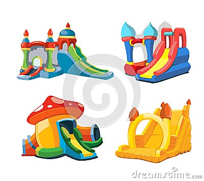 Vector illustration of inflatable castles and children hills on playground Vector Illustration