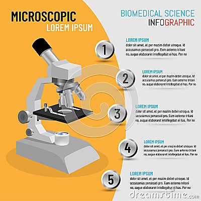 Vector illustration of infographic microscope in 3D with 5 step processes, Biomedical Science concept Cartoon Illustration