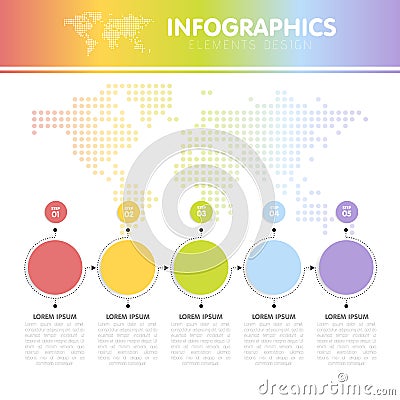 Vector illustration of the infographics with the dotted world map with the five circles with steps Cartoon Illustration