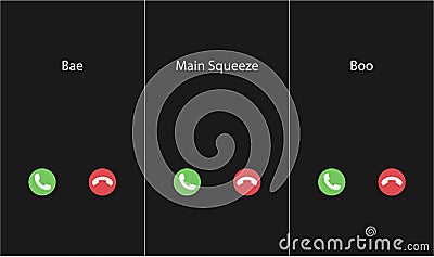 Vector illustration with the inscription: Boo, bae, main squeeze caller. Phone interface with two icons accept or reject a call Vector Illustration