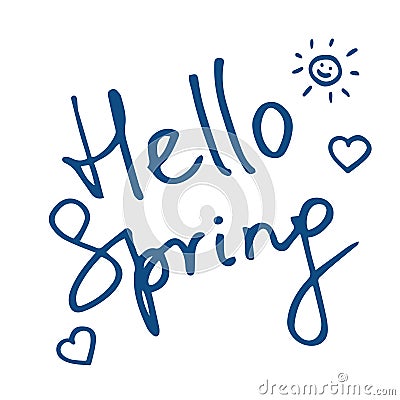 Vector illustration with inscription Hello Spring in hand lettering style with hearts. Classic blue colour Vector Illustration