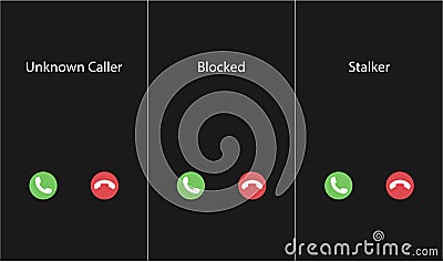 Vector illustration with the inscription: Unknown caller, Blocked, Stalker. Phone interface with two icons accept or reject a call Vector Illustration