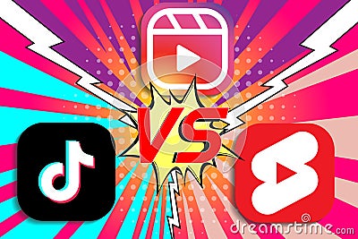 Vector illustration of Instagram Reels, TikTok and Yotube Shorts icons. Short video sharing platform TikTok vs Instagram Reels vs Vector Illustration