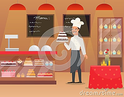 Vector Illustration an interior of bakery with man baker Chef character holding the cake. Male in uniform, chef in white Vector Illustration