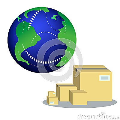 Global logistics, trade and worldwide delivery business concept. The planet and cardboard boxes. Vector Illustration