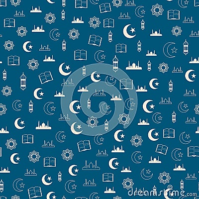 Vector illustration of islamic holy Ramadan seamless pattern with mosque, moon, lantern, koran Vector Illustration