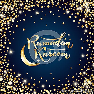 Vector illustration. Islamic Ramadan Kareem greeting isolated gold lettering text, moon, stars on night blue background Cartoon Illustration