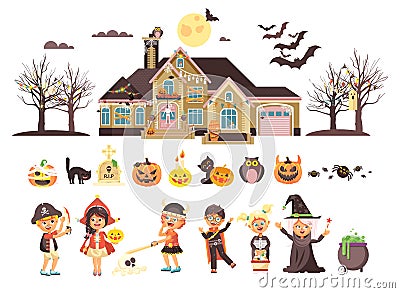 Vector illustration isolated children Trick-or-Treat boy, girl, costumes fancy dresses holiday party Happy Halloween Vector Illustration