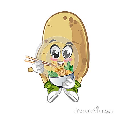 vector illustration of cute potato mascot eating bowl noodles with chopsticks Vector Illustration