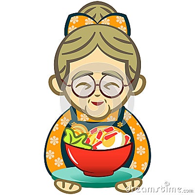 vector illustration of grandma serving a bowl of noodles ramen Vector Illustration