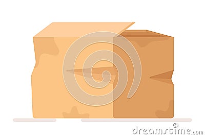 Vector illustration of an isolated crumpled spoiled box on a white background. Cardboard trash. Vector Illustration