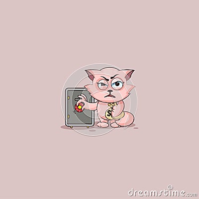 Kitty sticker emoticon open safe to hide money Vector Illustration