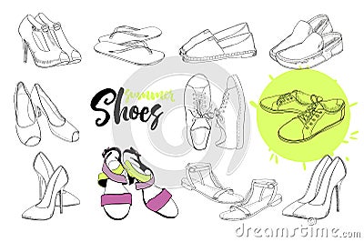 Illustration of isolated objects sandal shoes. Drawing graphic design for woman, girl and lady. Footwear for summer Vector Illustration
