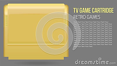 Vector illustration of isolated realistic retro TV Game cartridge in yellow plastic case. Old school gaming. Vector Illustration