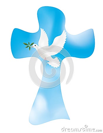 Vector christian cross with dove and olive leaves on sky background. Symbol of peace Cartoon Illustration