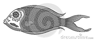 Vector illustration of isolated, stylized doodle fish in black color on white background. Vector Illustration