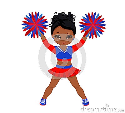 Cheerleader in red blue uniform with Pom Poms Vector Illustration