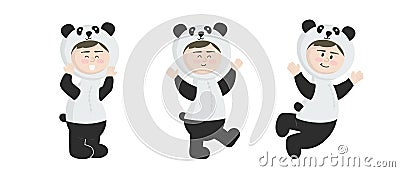 Vector illustration child in animal carnival costume. Cute cartoon baby in a panda costume in different poses Vector Illustration