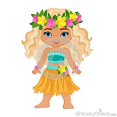 Cute cartoon girl in traditional Hawaiian dancer costume. Vector Illustration