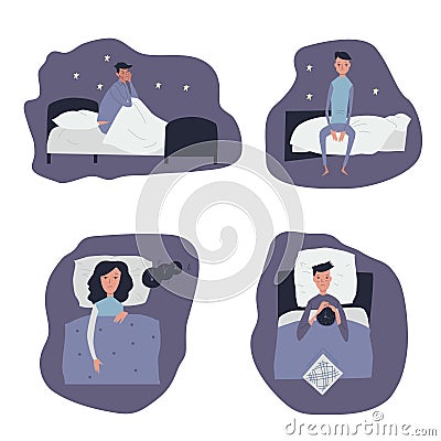 Vector illustration isolated on white background men, women with insomnia or dreaming. Vector Illustration