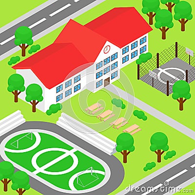 Vector illustration of isometric school and big green yard, playground, football ground, basketball ground, trees Vector Illustration