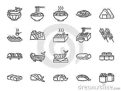 Japanese food line icon set 1. Included the icons as sushi, sashimi, maki, sushi roll, Tonkatsu and more. Vector Illustration