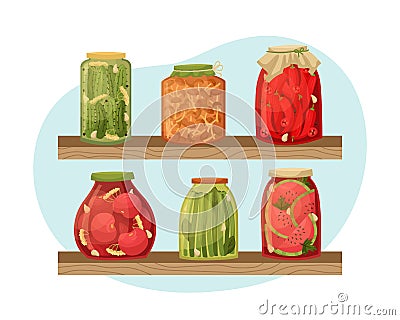 Vector illustration of jars of pickles on the shelves in the pantry. Preparations for the winter Vector Illustration