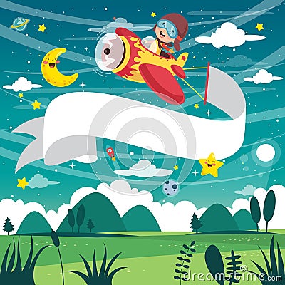 Vector Illustration Of Kid Flying Plane With Banner Vector Illustration