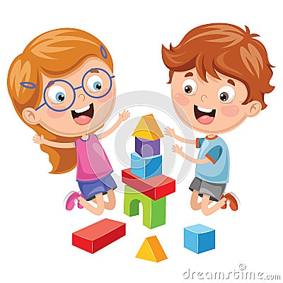 Vector Illustration Of Kid Playing With Building Blocks Vector Illustration