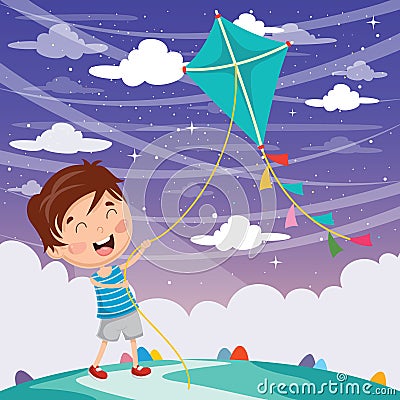 Vector Illustration Of Kid Playing Kite Vector Illustration