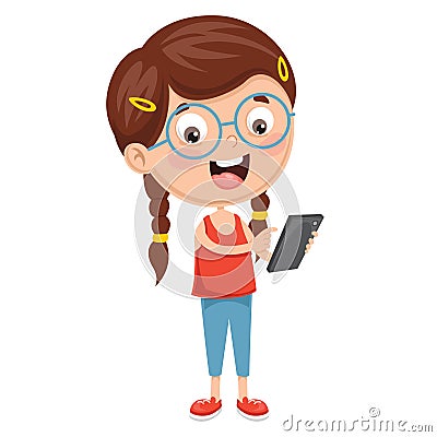 Vector Illustration Of Kid Using Mobile Device Vector Illustration