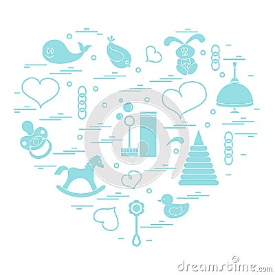 Vector illustration kids elements arranged in a heart: bird, whale, pacifier, bubbles, pyramid, beanbag, rabbit, duck and other. Vector Illustration