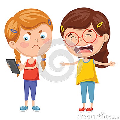 Vector Illustration Of Kids Fighting For Smartphone Vector Illustration