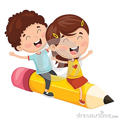 Vector Illustration Of Kids Flying With Pencil Vector Illustration