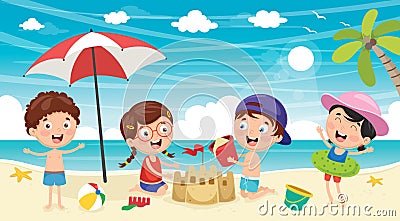 Vector Illustration Of Kids Playing At Beach Vector Illustration