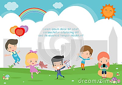 Vector Illustration Of Kids Playing Outside, happy children Playing park. Vector Illustration