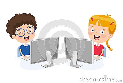 Vector Illustration Of Kids Using Computer Vector Illustration