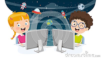 Vector Illustration Of Kids Using Computer Vector Illustration