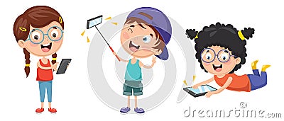 Vector Illustration Of Kids Using Mobile Devices Vector Illustration