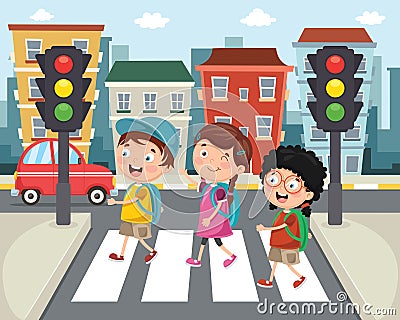 Vector Illustration Of Kids Walking Across Crosswalk Vector Illustration