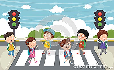 Vector Illustration Of Kids Walking Across Crosswalk Vector Illustration